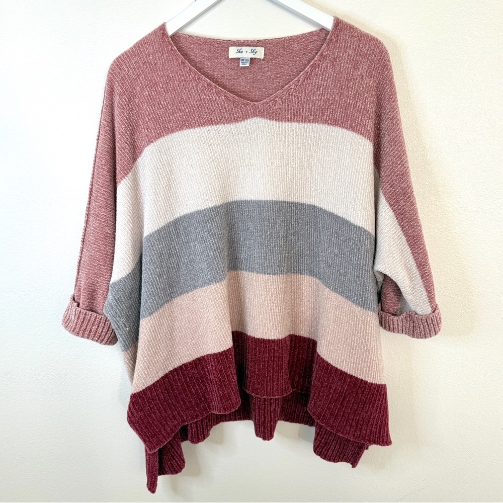 She + Sky Striped Multicolor Fall Red & Pink V-Neck Oversized Sweater ONE-SIZE